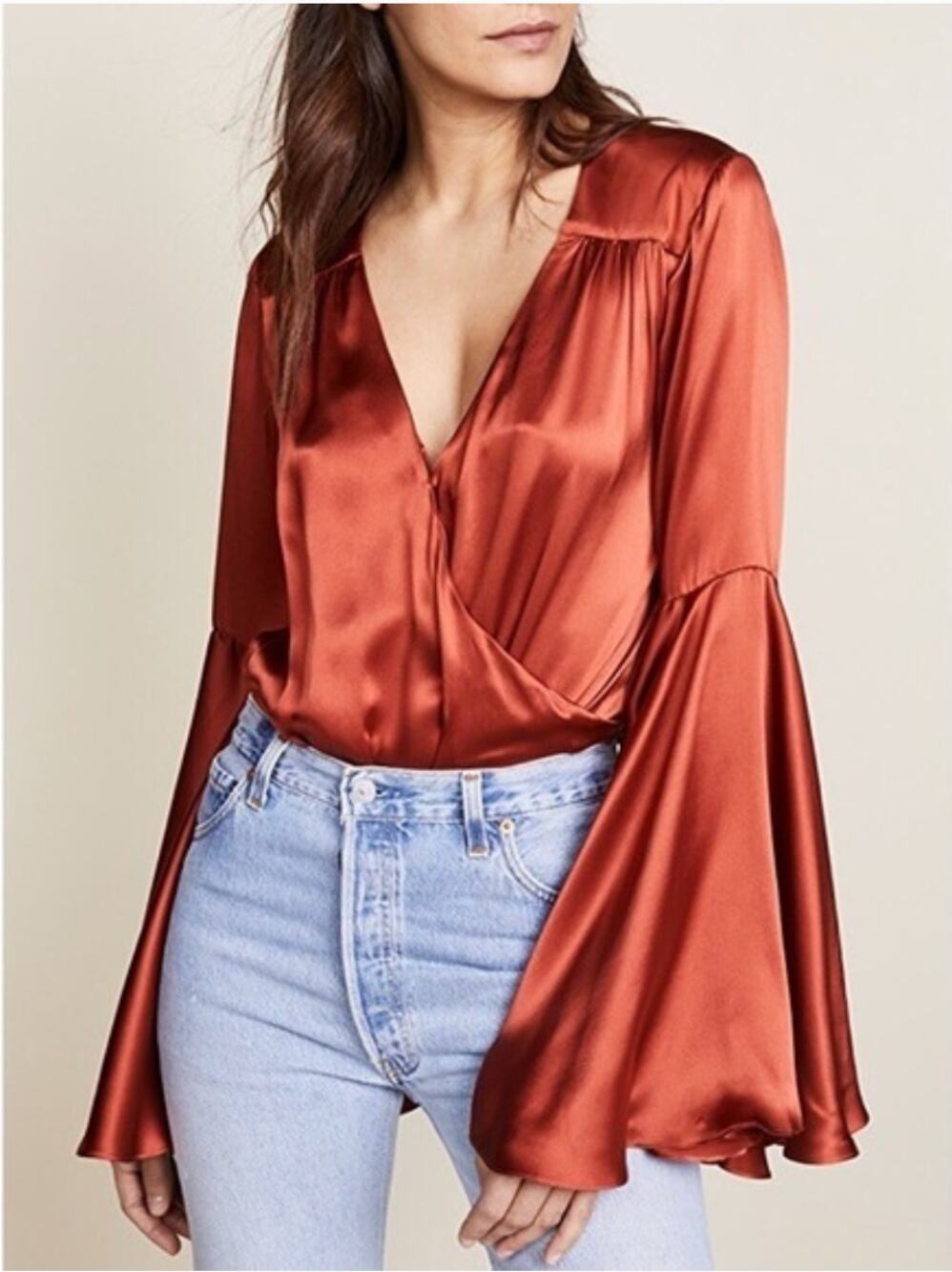 CAROLINE CONSTAS | Charmeuse Silk Bell Sleeve Bodysuit Rust Orange Extra Small